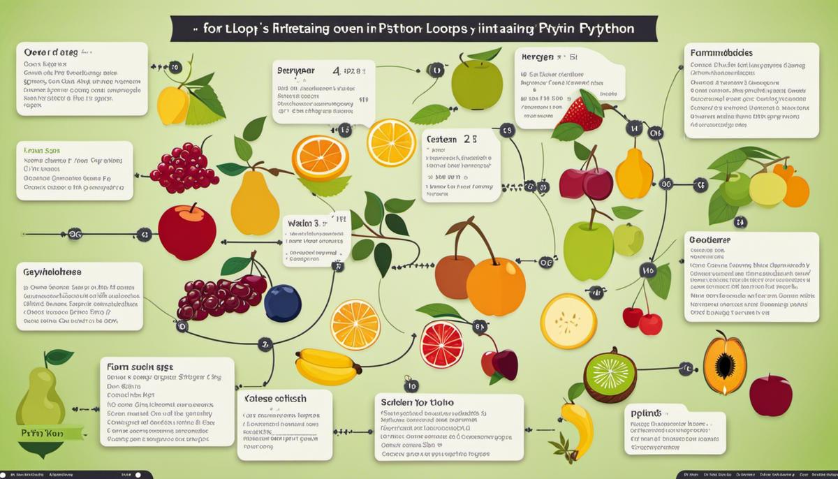 A diagram showing a 'for' loop in Python iterating over a list of fruits.