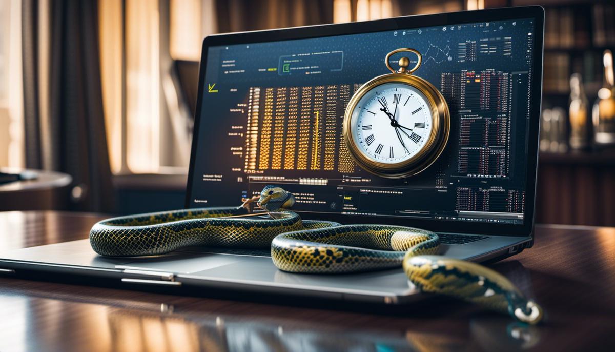 An image of someone using Python on a computer with a clock in the background.
