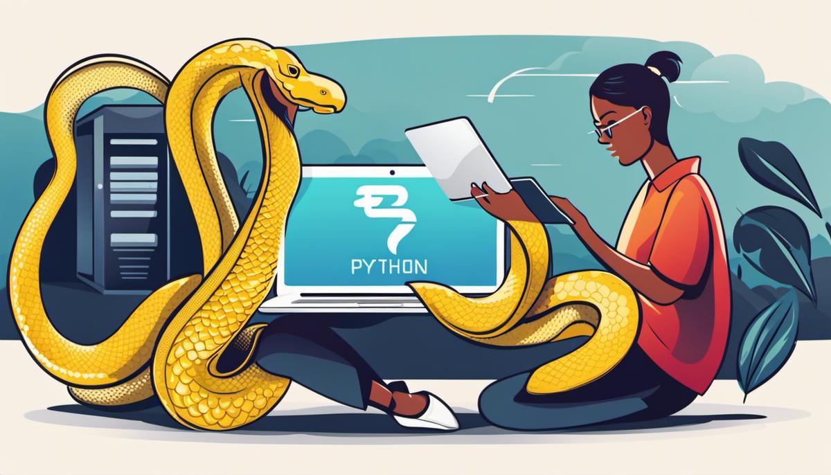 Illustration of a person updating Python with a laptop and a Python logo in the background
